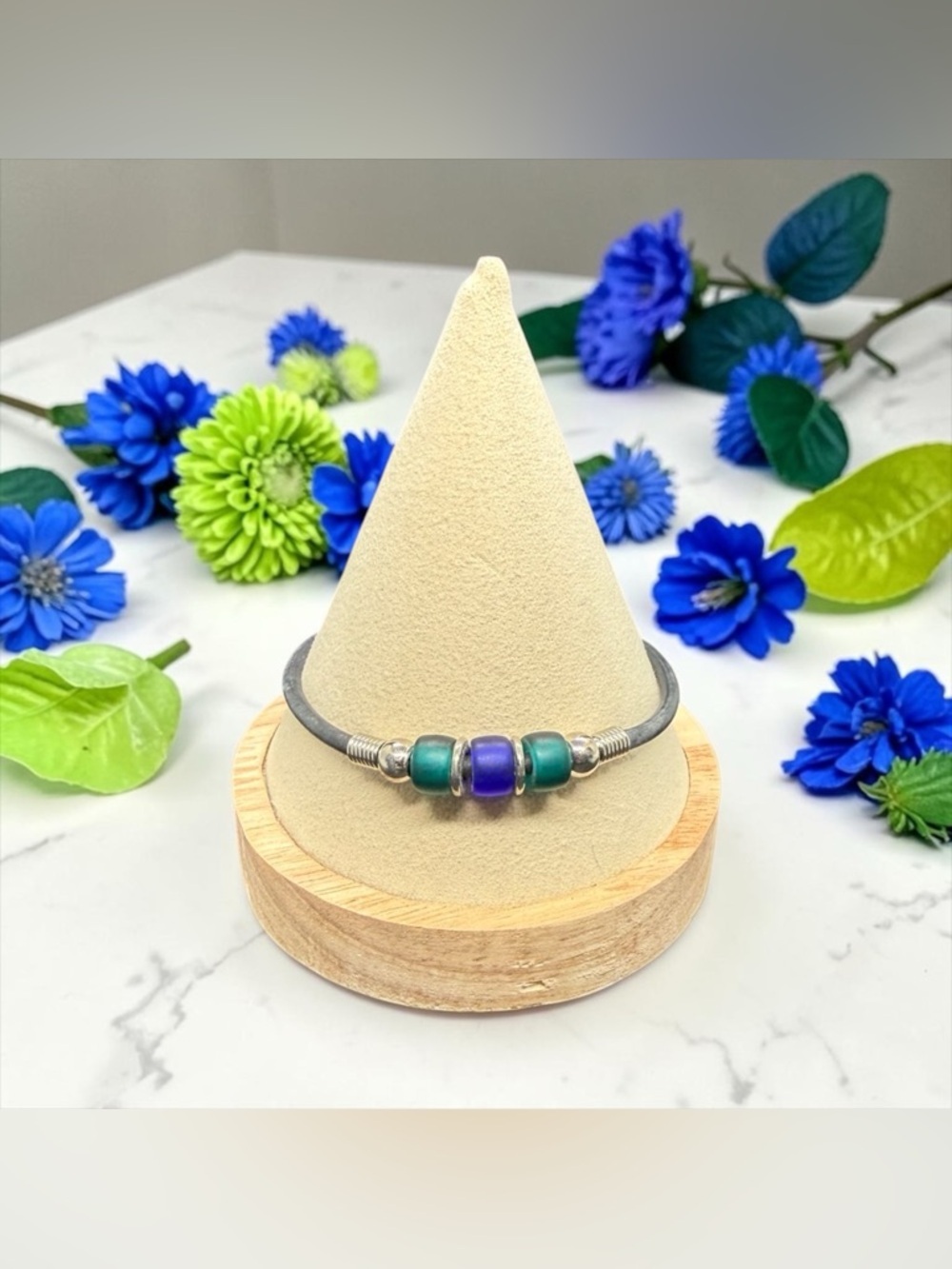 Leather Bracelet with Blue and Teal Glass Beads